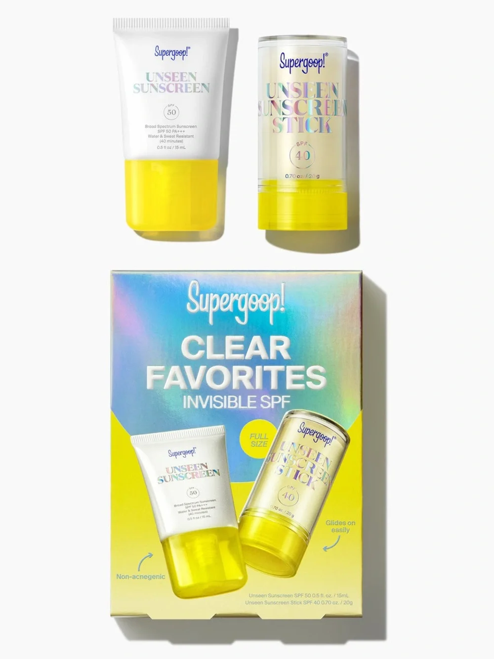 Supergoop! Unseen Sunscreen Clear Favorites invisible SPF kit Set -
